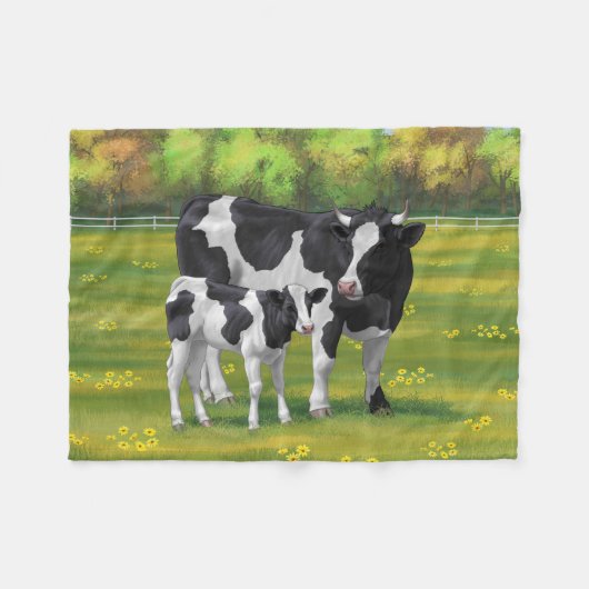 Couverture Polaire Vache Holstein et veau mignon en pâturage d'été (Devant (Horizontal))