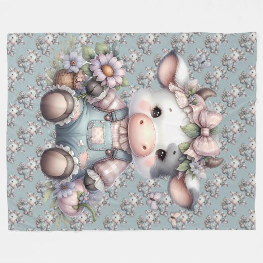 Couverture Polaire Vache Pastel mignonne dans des salons aux fleurs (Devant (Horizontal))