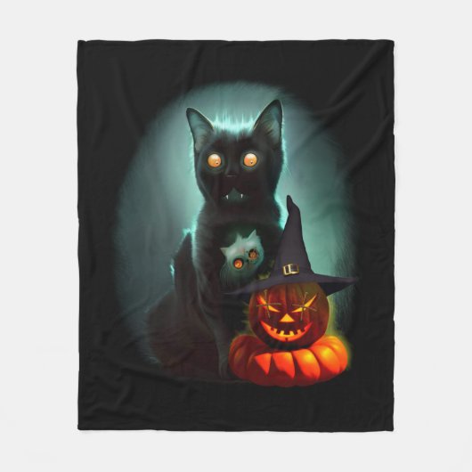 Couverture Polaire Vampire Chat et Assistant Citrouille Halloween Sur (Devant)