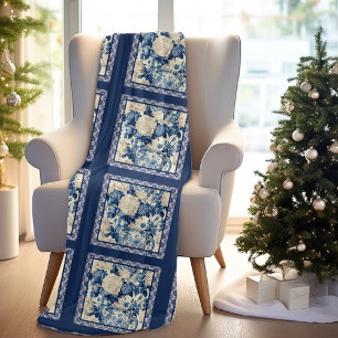 Couverture Polaire Vase florale chic Chiroiserie bleue toile monogram