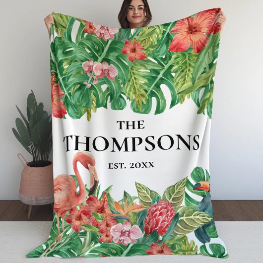 Couverture Polaire Verdure tropicale Famille de flamants roses
