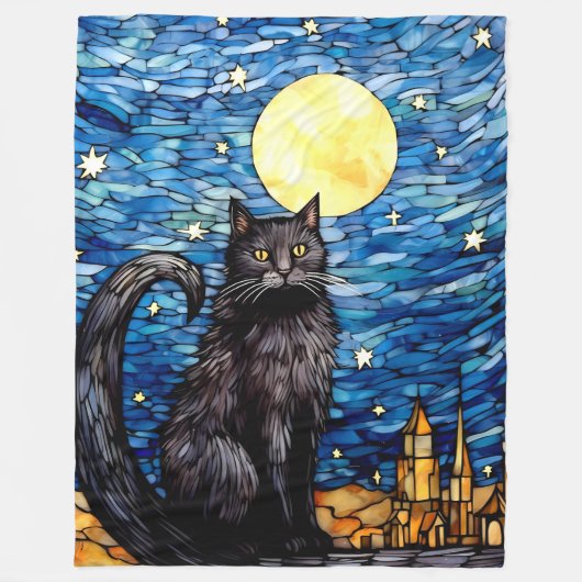 Couverture Polaire Verre tendu Chat noir Starry nuit (Devant)
