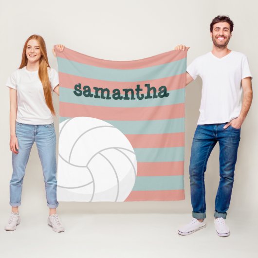 Couverture Polaire Vert foncé & Rose melon Géant Volleyball Rayé (En situation)