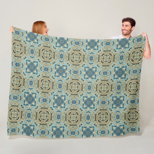 Couverture Polaire Vert gris Turquoise bleu ocre Hip Bohême Bali Art (En situation)