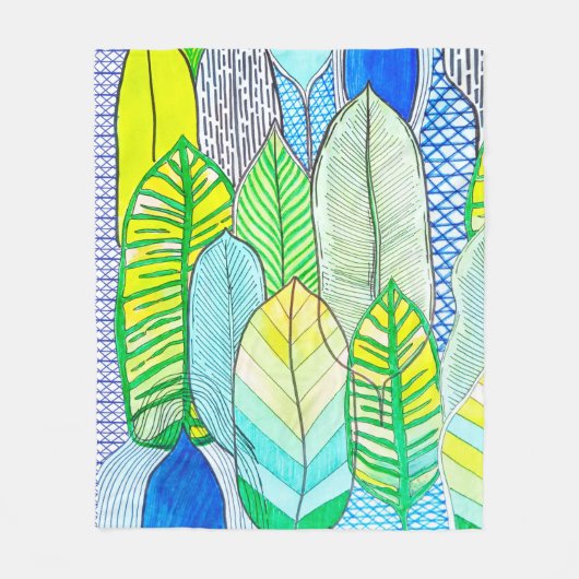 Couverture Polaire Vert Jaune mignon Moderne Tropical Boho Feuille (Devant)