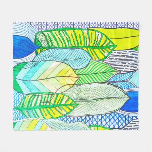 Couverture Polaire Vert Jaune mignon Moderne Tropical Boho Feuille (Devant (Horizontal))