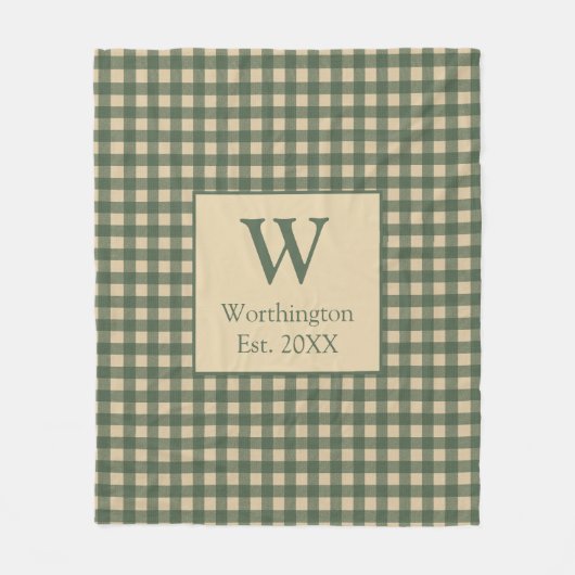 Couverture Polaire Vert monogrammé Tan Beige Buffalo Plaid Country (Devant)
