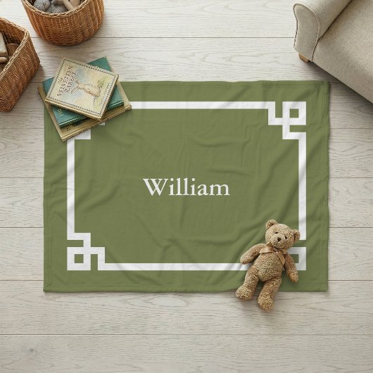 Couverture Polaire Vert olive et clé grecque monogrammée blanc