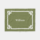 Couverture Polaire Vert olive et clé grecque monogrammée blanc (Devant (Horizontal))