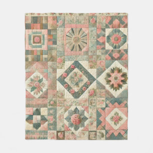 Couverture Polaire Vert & rose Patchwork Rustique Retro Vintage Flora