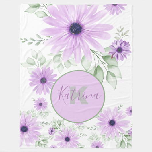 Couverture Polaire Vert violet personnalisé, Fleurs aquarelles (Devant)