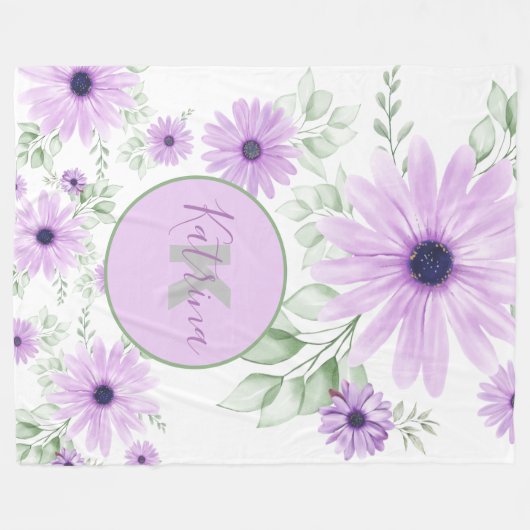 Couverture Polaire Vert violet personnalisé, Fleurs aquarelles (Devant (Horizontal))