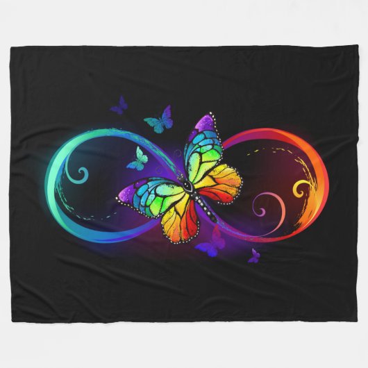 Couverture Polaire Vibrant infinity with rainbow butterfly on black (Devant (Horizontal))