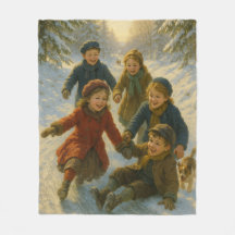 Victorian Christmas Blanket – Kids Playing in Snow