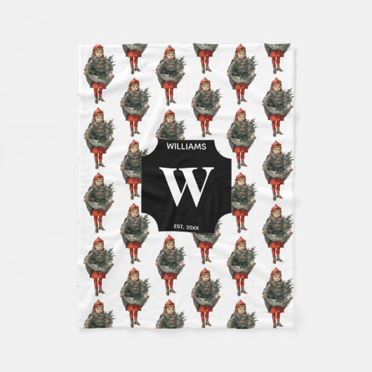 Couverture Polaire Vintage Christmas Girl & Holly Berries Monogramme (Devant)