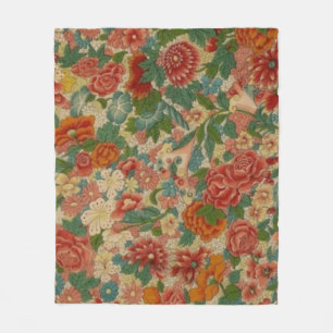 Couverture Polaire Vintage Floral Antique en Rouge, Vert & Or