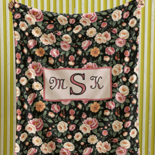 Couverture Polaire Vintage Floral Monogramme Roses rose
