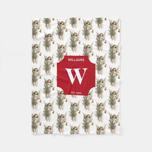 Couverture Polaire Vintage Noël Angel & Arbre Vacances Monogramme (Devant)