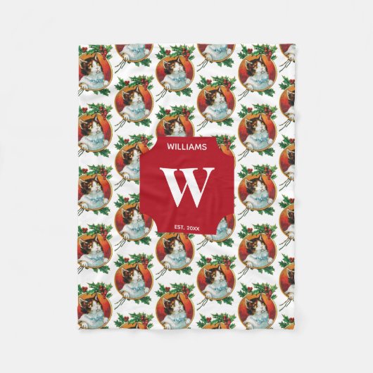 Couverture Polaire Vintage Noël Chat de vacances Monogramme (Devant)
