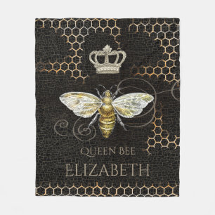 Couverture Polaire Vintage Queen Bee Royal Crown Honeycomb Noir