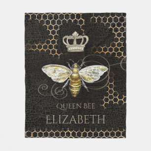Couverture Polaire Vintage Queen Bee Royal Crown Honeycomb Noir
