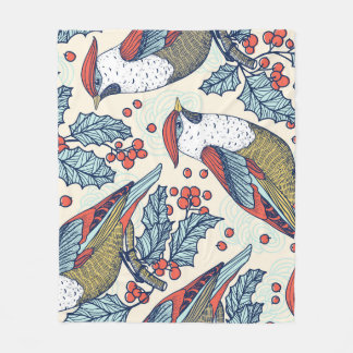 Couverture Polaire Vintage Waxwings Holly Motif de Noël