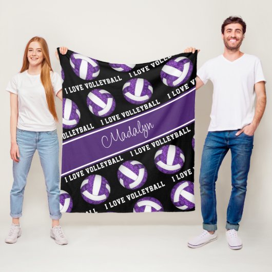 Couverture Polaire violet blanc J'aime volleyball expression texte (En situation)
