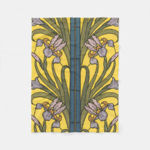 Couverture Polaire Vitrail Art Nouveau Fleur d'Iris Bleu Or