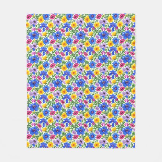 Couverture Polaire Vivid Blue Yellow Red Purple Flowers Pattern (Devant)