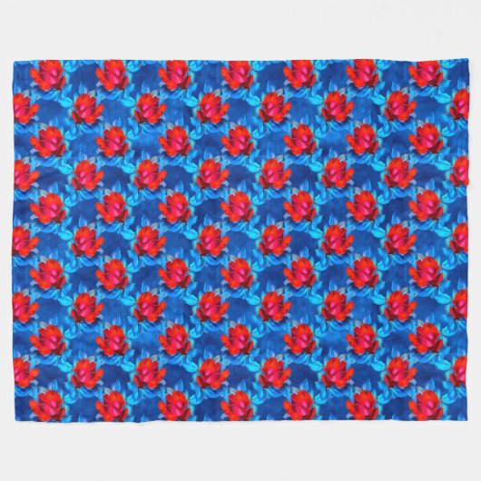 Couverture Polaire Vivid Roses rouges sur Blue Watercolory Arrière - (Devant (Horizontal))