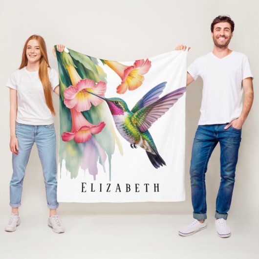 Couverture Polaire Watercolor Hummingbird with Florals (En situation)