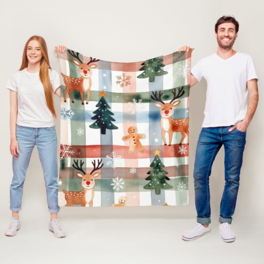 Couverture Polaire Watercolor Reindeer Gingerbread Man Snowflake Tree (En situation)
