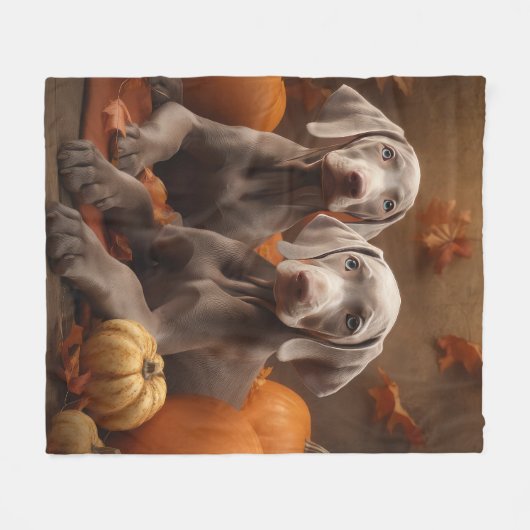 Couverture Polaire Weimaraner Chiot Automne Citrouille délice (Devant (Horizontal))