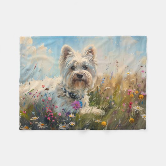 Couverture Polaire West Highland White Terrier Fleurs sauvages (Devant (Horizontal))