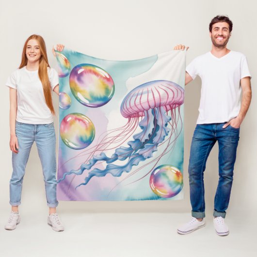 Couverture Polaire Whimsical Rainbow Jellyfish Watercolor Design (En situation)