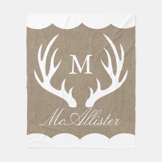 Couverture Polaire White Buck Antlers Burlap White Border Nom de fami (Devant)