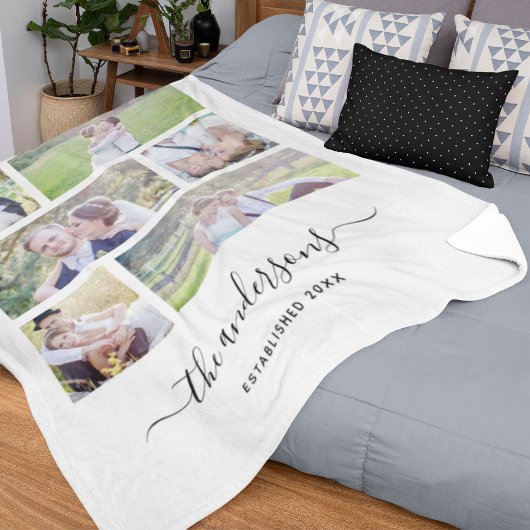 Couverture Polaire White Six Photo Collage Nom de famille Calligraphi