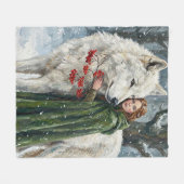 Couverture Polaire White Wolf Redhead Druid Winter Berries Fantasy Ar (Devant (Horizontal))