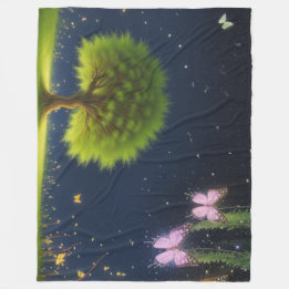 Couverture Polaire Willow Tree de nuit avec papillons et lucioles