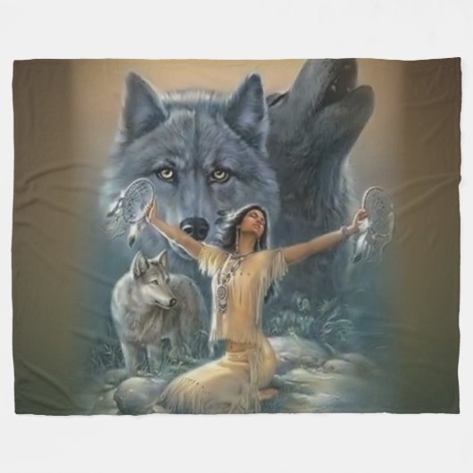 Couverture Polaire WOLFS et JEUNE FILLE INDIENNE (Devant (Horizontal))