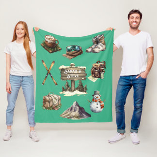 Couverture Polaire Xmas Vintage Retro Ski Couple Mint Green extérieur