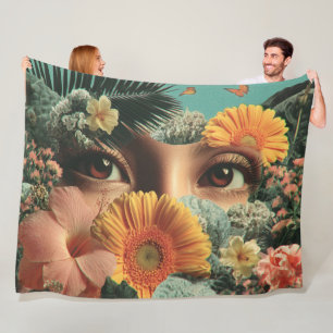 Couverture Polaire Yeux surréalistes et fleurs avec papillons