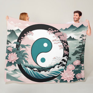 Couverture Polaire Yin Yang, Floral Montagne Rose Sage Turquoise