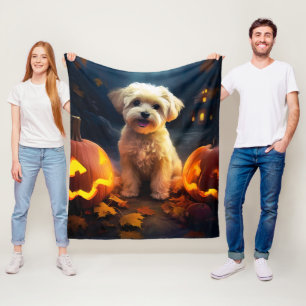 Couverture Polaire Yorkipoo d'Halloween avec citrouilles effrayant