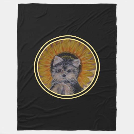 Couverture Polaire Yorkshire Chien chiot et tournesol en noir (Devant)