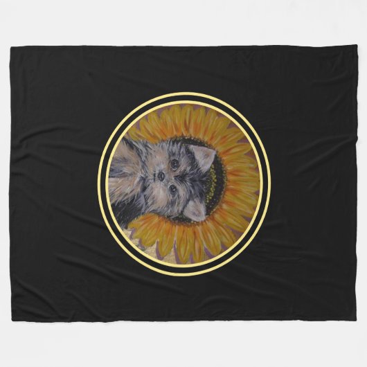 Couverture Polaire Yorkshire Chien chiot et tournesol en noir (Devant (Horizontal))