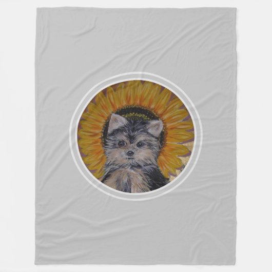 Couverture Polaire Yorkshire Chien chiot et tournesol sur gris clair (Devant)