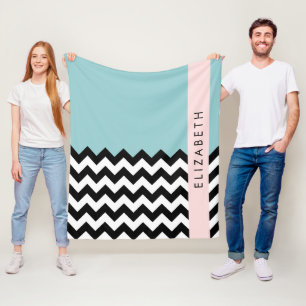 Couverture Polaire Zigzag noir et blanc, Chevron, Bleu, Votre nom