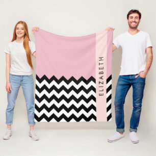 Couverture Polaire Zigzag noir et blanc, Chevron, rose, Votre nom