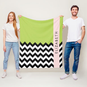 Couverture Polaire Zigzag noir et blanc, Chevron, Vert, Votre nom